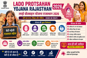 Lado Protsahan Yojana Rajasthan 2026 की फीचर इमेज, जिसमें राजस्थान सरकार की बालिका प्रोत्साहन योजना, जन्म से शिक्षा तक आर्थिक सहायता, DBT भुगतान, पात्रता, ऑनलाइन आवेदन और बालिका सशक्तिकरण के प्रमुख लाभ दर्शाए गए हैं।