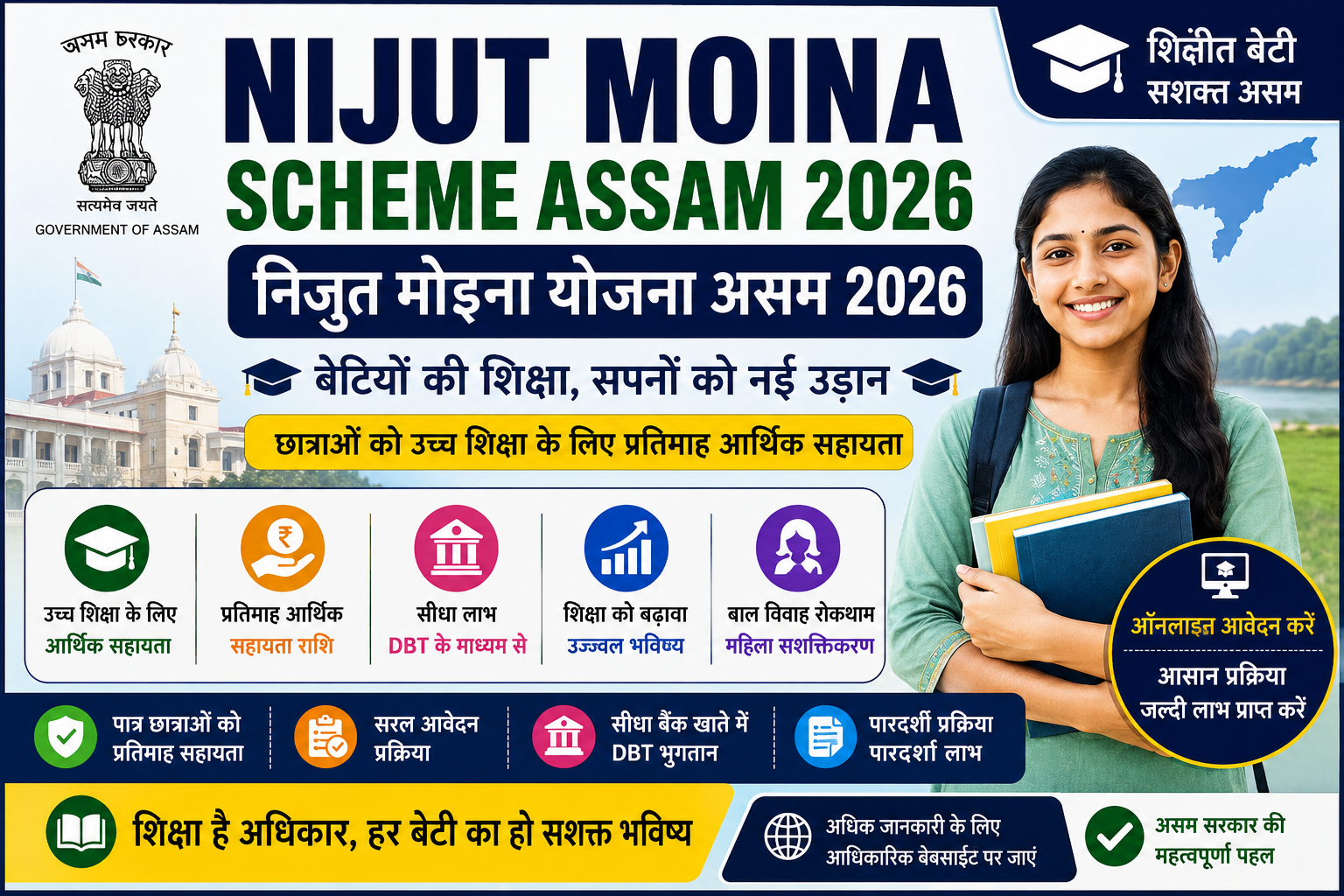 Nijut Moina Scheme Assam 2026 की फीचर इमेज, जिसमें असम सरकार की छात्राओं के लिए शिक्षा सहायता योजना, मासिक आर्थिक सहायता, DBT भुगतान, ऑनलाइन आवेदन, पात्रता और योजना के प्रमुख लाभ दर्शाए गए हैं।