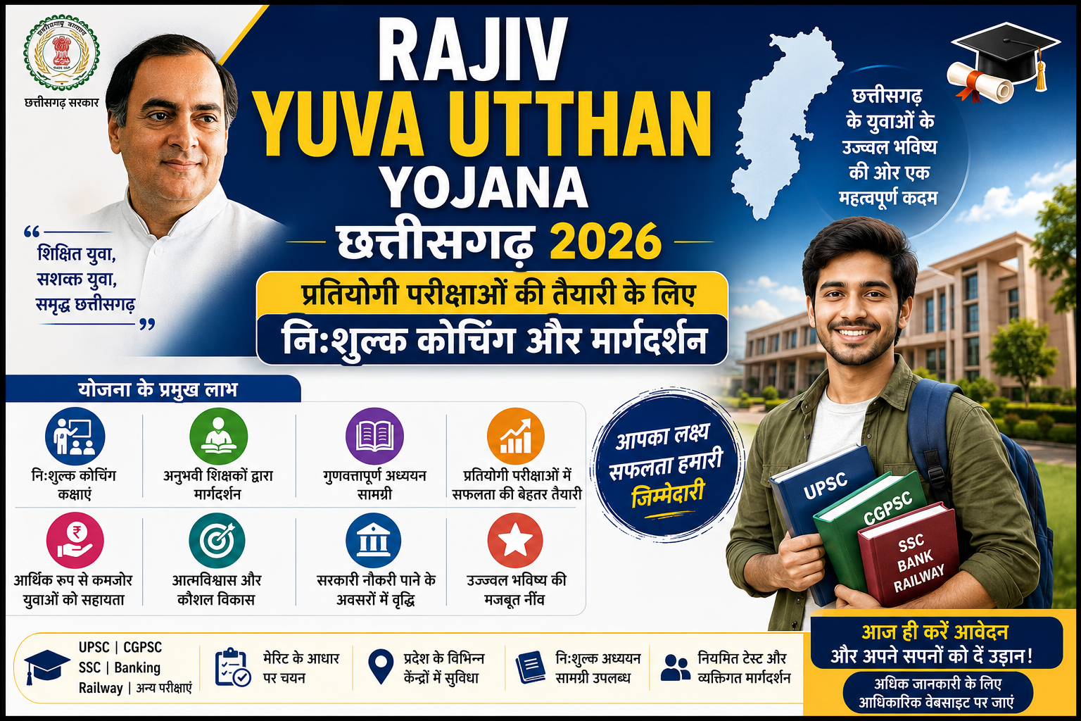 Rajiv Yuva Utthan Yojana Chhattisgarh 2026 की फीचर इमेज, जिसमें छत्तीसगढ़ सरकार द्वारा युवाओं के लिए निःशुल्क प्रतियोगी परीक्षा कोचिंग, मार्गदर्शन, अध्ययन सामग्री, पात्रता, आवेदन प्रक्रिया और योजना के प्रमुख लाभ दर्शाए गए हैं।