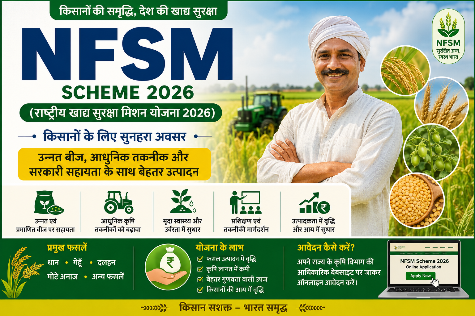 NFSM Scheme 2026 के तहत किसानों को मिलने वाली सब्सिडी, उन्नत बीज, आधुनिक कृषि तकनीक, आवेदन प्रक्रिया और लाभ की जानकारी दर्शाती हुई फीचर इमेज।