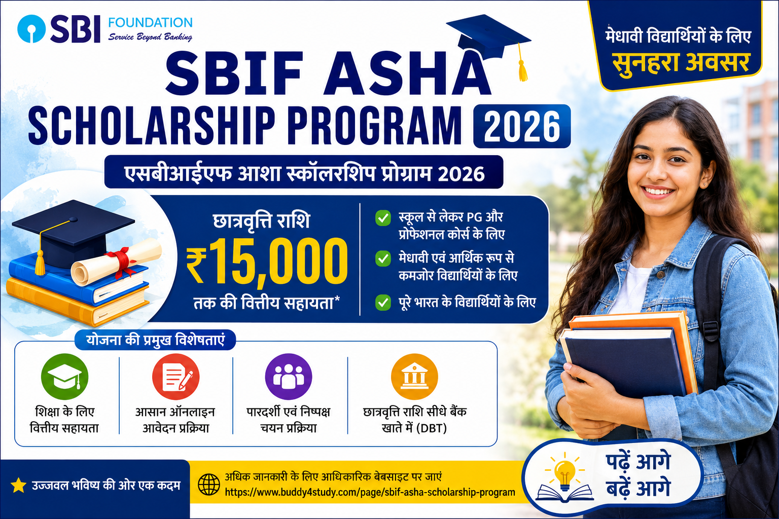 SBIF Asha Scholarship 2026 के तहत छात्रवृत्ति राशि, आवेदन प्रक्रिया, पात्रता, आवश्यक दस्तावेज और आर्थिक सहायता की जानकारी दर्शाती हुई फीचर इमेज।