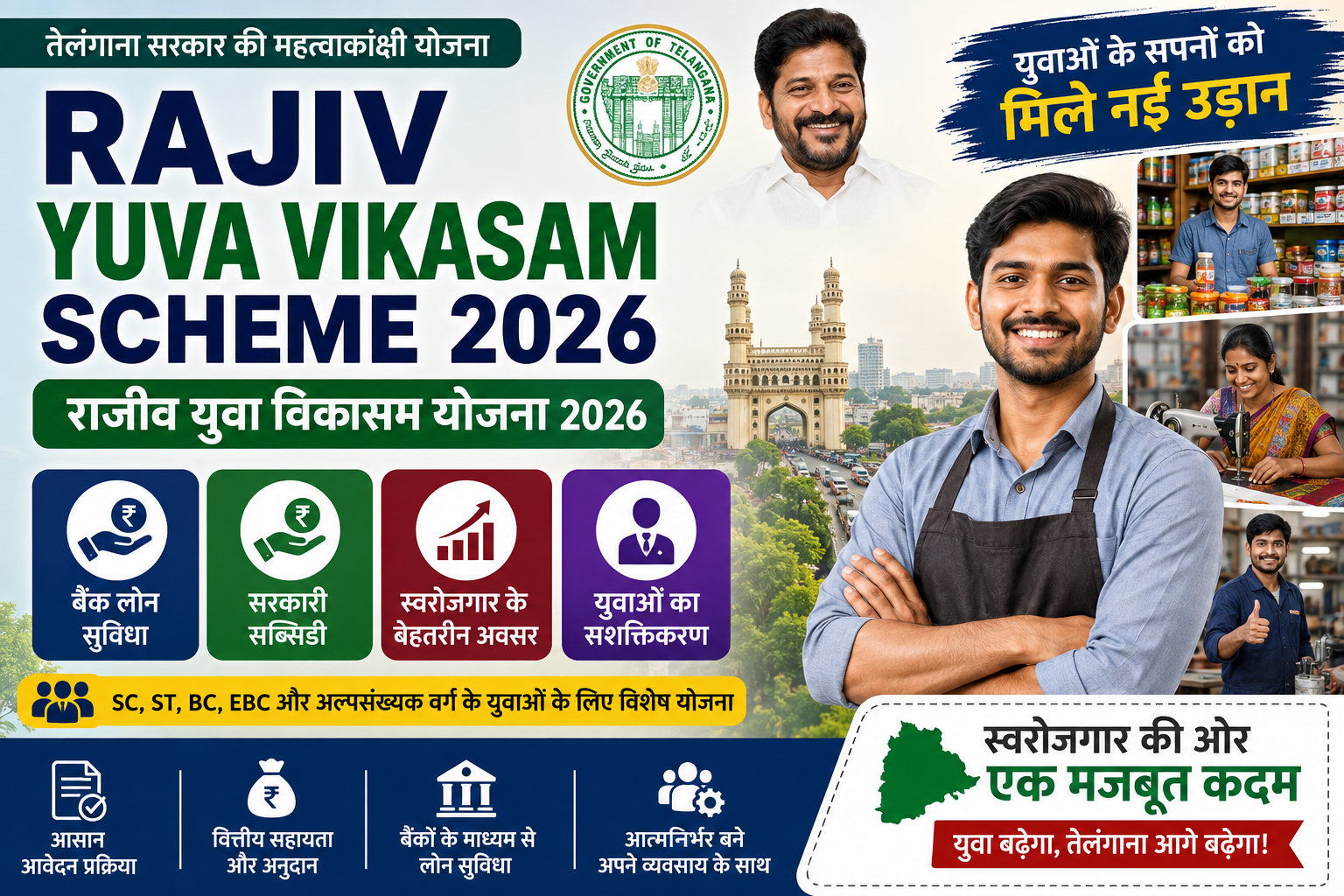 Rajiv Yuva Vikasam Scheme 2026 के तहत स्वरोजगार के लिए वित्तीय सहायता, बैंक ऋण, सब्सिडी, पात्रता और आवेदन प्रक्रिया की जानकारी दर्शाती हुई फीचर इमेज।