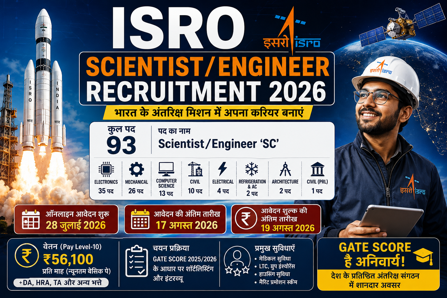 ISRO Scientist Engineer Recruitment 2026 की फीचर इमेज, जिसमें 93 Scientist Engineer SC पद, विभिन्न इंजीनियरिंग शाखाएं, GATE Score, ₹56,100 वेतन और ऑनलाइन आवेदन की जानकारी दिखाई गई है।