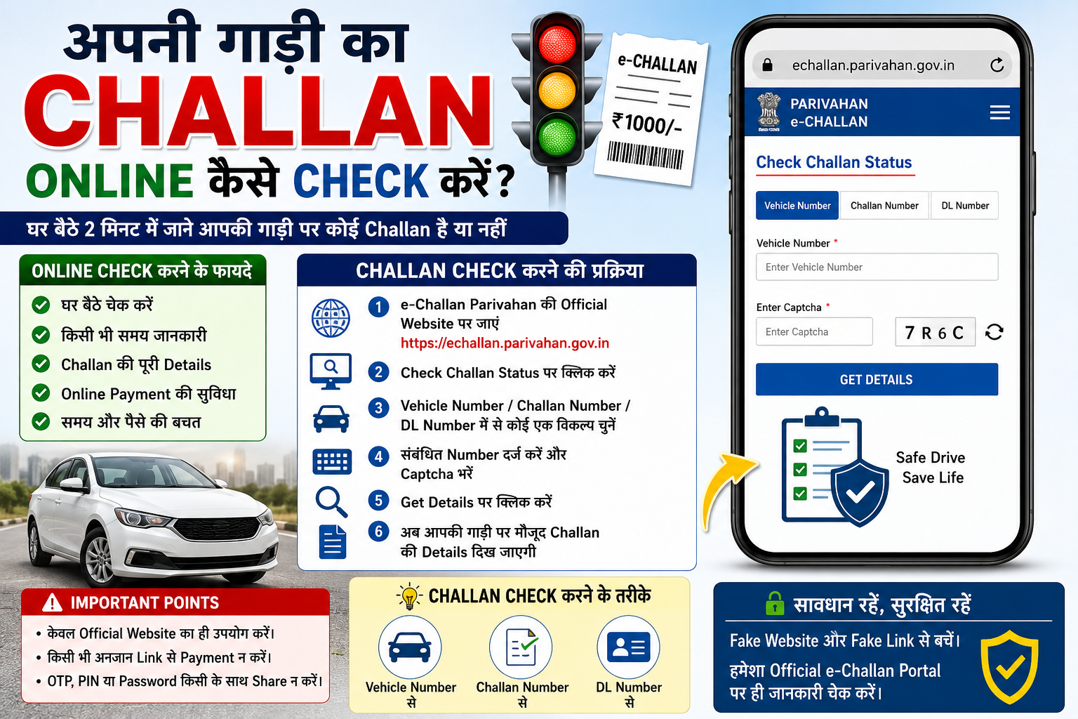 अपनी गाड़ी का e-Challan ऑनलाइन कैसे चेक करें, जिसमें Parivahan e-Challan पोर्टल, Vehicle Number, Challan Number और DL Number से चालान जांचने की प्रक्रिया दिखाई गई है।