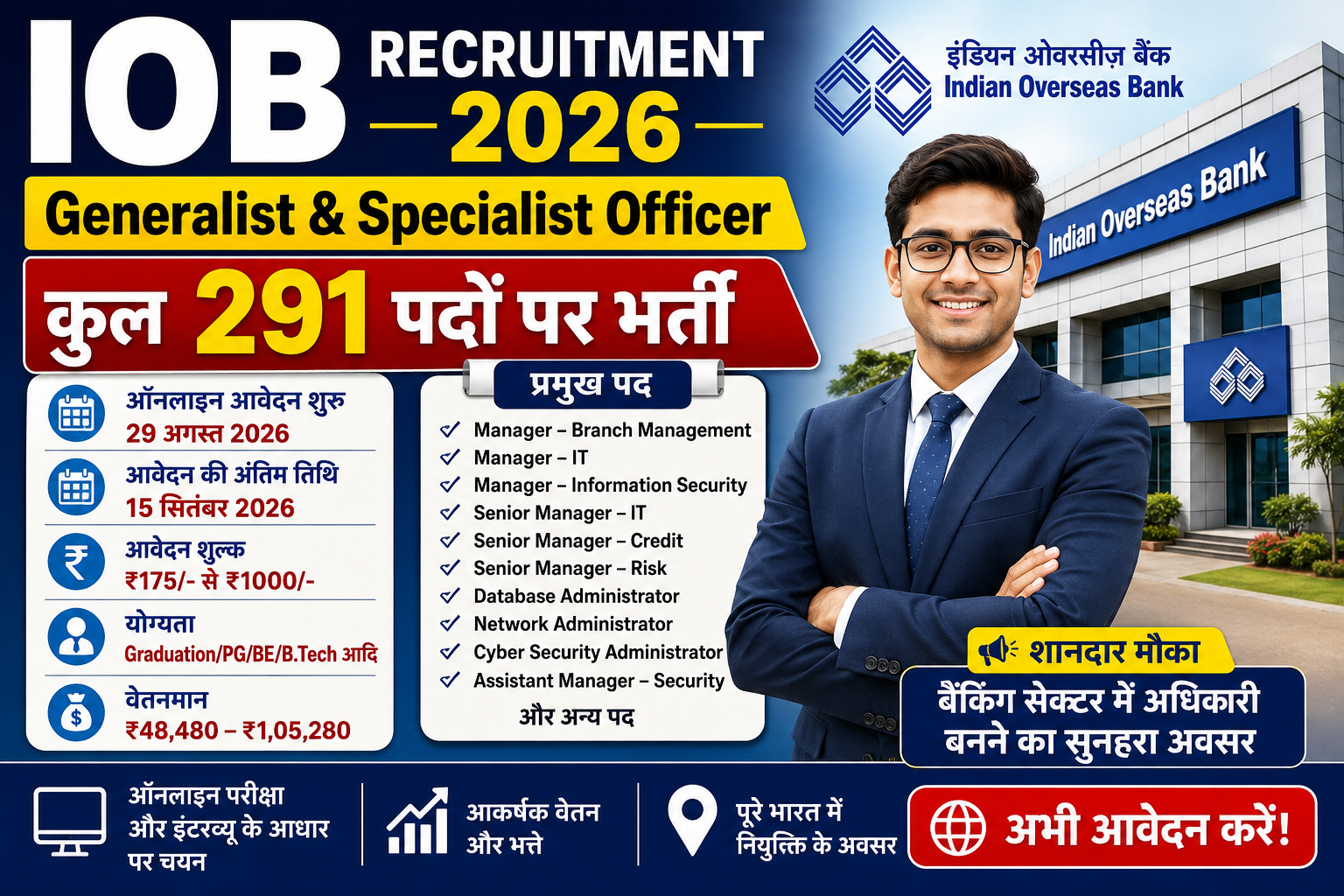 IOB Recruitment 2026 में 291 Generalist और Specialist Officer पदों पर भर्ती