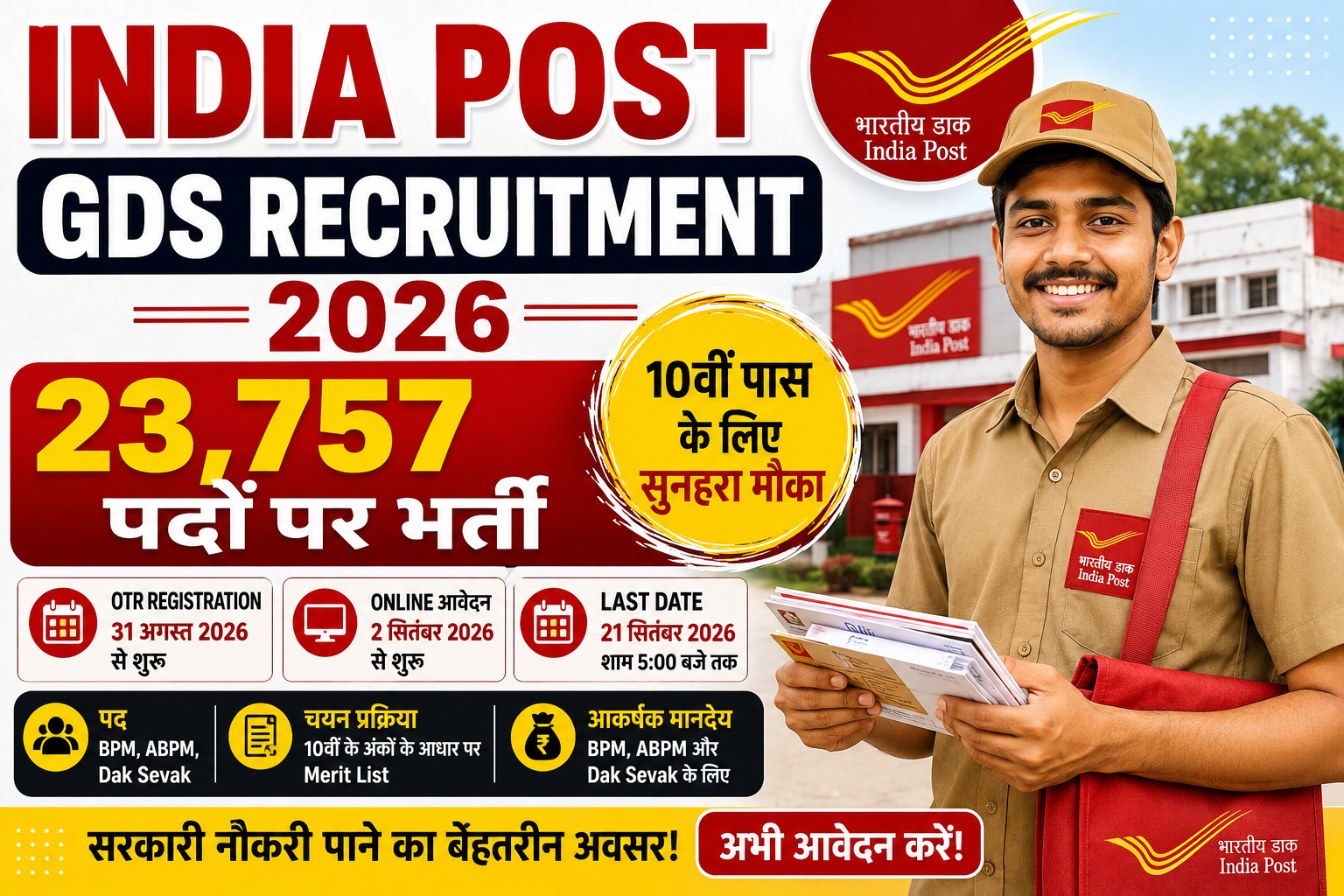 India Post GDS Recruitment 2026 में 23757 पदों पर भर्ती