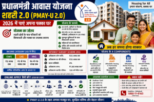 प्रधानमंत्री आवास योजना-शहरी 2.0 (PMAY-U 2.0) 2026 के तहत पात्र शहरी परिवारों को पक्का घर, होम लोन पर ब्याज सब्सिडी और आवास सहायता की जानकारी दर्शाती हुई इन्फोग्राफिक।