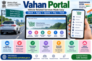 Vahan Portal 2026 के जरिए Vehicle Details, RC Services, Ownership Transfer, Tax Payment, Application Status और Online Vehicle Services की जानकारी दर्शाती हुई सरकारी इन्फोग्राफिक।