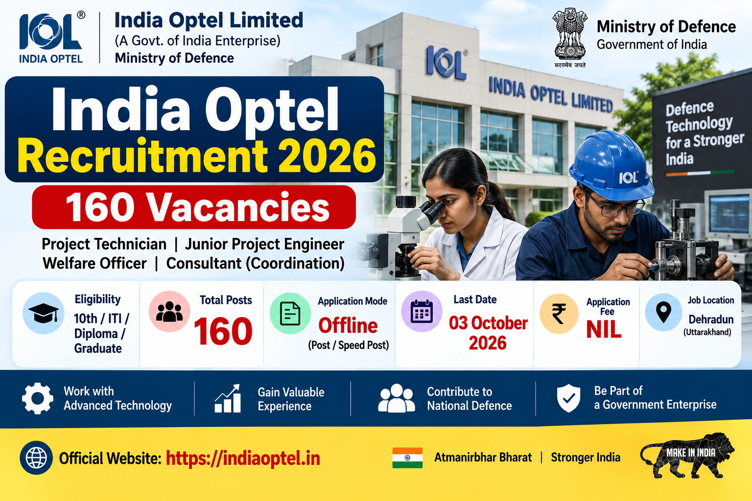 India Optel Recruitment 2026 में 160 पदों पर Project Technician, Junior Project Engineer, Welfare Officer और Consultant भर्ती की जानकारी।
