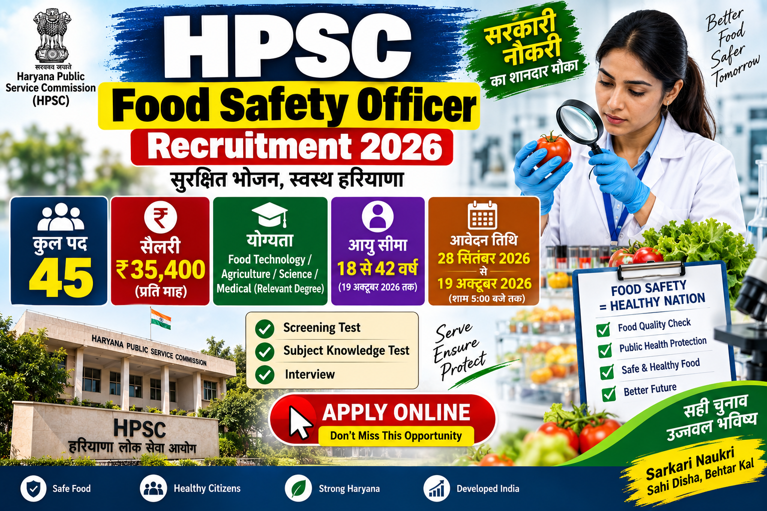 HPSC Food Safety Officer Recruitment 2026 में 45 पदों पर भर्ती, ₹35,400 वेतन, 18 से 42 वर्ष आयु सीमा और ऑनलाइन आवेदन की जानकारी।