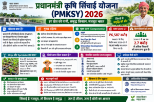प्रधानमंत्री कृषि सिंचाई योजना (PMKSY) 2026 की हिंदी इन्फोग्राफिक, जिसमें योजना के उद्देश्य, मुख्य घटक, ₹6,587 करोड़ बजट, लाभार्थी, सिंचाई, दस्तावेज, आवेदन प्रक्रिया और आधिकारिक वेबसाइट की जानकारी दी गई है।