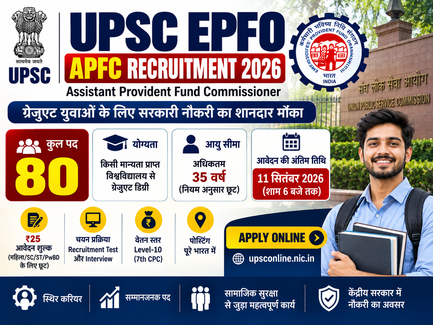 UPSC EPFO APFC Recruitment 2026 में 80 पदों पर भर्ती