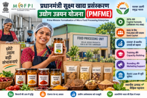 प्रधानमंत्री सूक्ष्म खाद्य प्रसंस्करण उद्योग उन्नयन योजना (PMFME) के तहत छोटे खाद्य प्रसंस्करण व्यवसाय, 35% तक कैपिटल सब्सिडी, SHG सीड कैपिटल, ODOP, ट्रेनिंग, ब्रांडिंग और बैंक लोन सहायता दर्शाती हुई इन्फोग्राफिक।