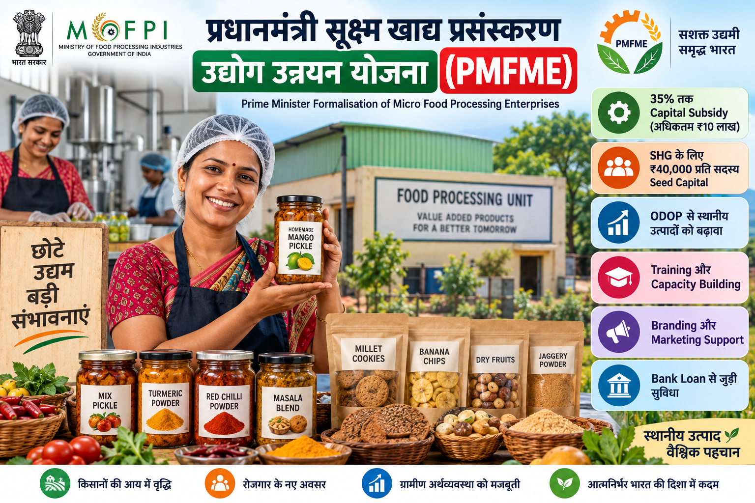 प्रधानमंत्री सूक्ष्म खाद्य प्रसंस्करण उद्योग उन्नयन योजना (PMFME) के तहत छोटे खाद्य प्रसंस्करण व्यवसाय, 35% तक कैपिटल सब्सिडी, SHG सीड कैपिटल, ODOP, ट्रेनिंग, ब्रांडिंग और बैंक लोन सहायता दर्शाती हुई इन्फोग्राफिक।