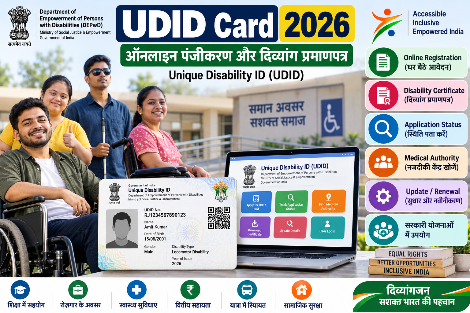 UDID Card 2026 की ऑनलाइन पंजीकरण, दिव्यांग प्रमाणपत्र, आवेदन स्टेटस, मेडिकल अथॉरिटी, अपडेट और नवीनीकरण की जानकारी दर्शाती हुई सरकारी इन्फोग्राफिक।